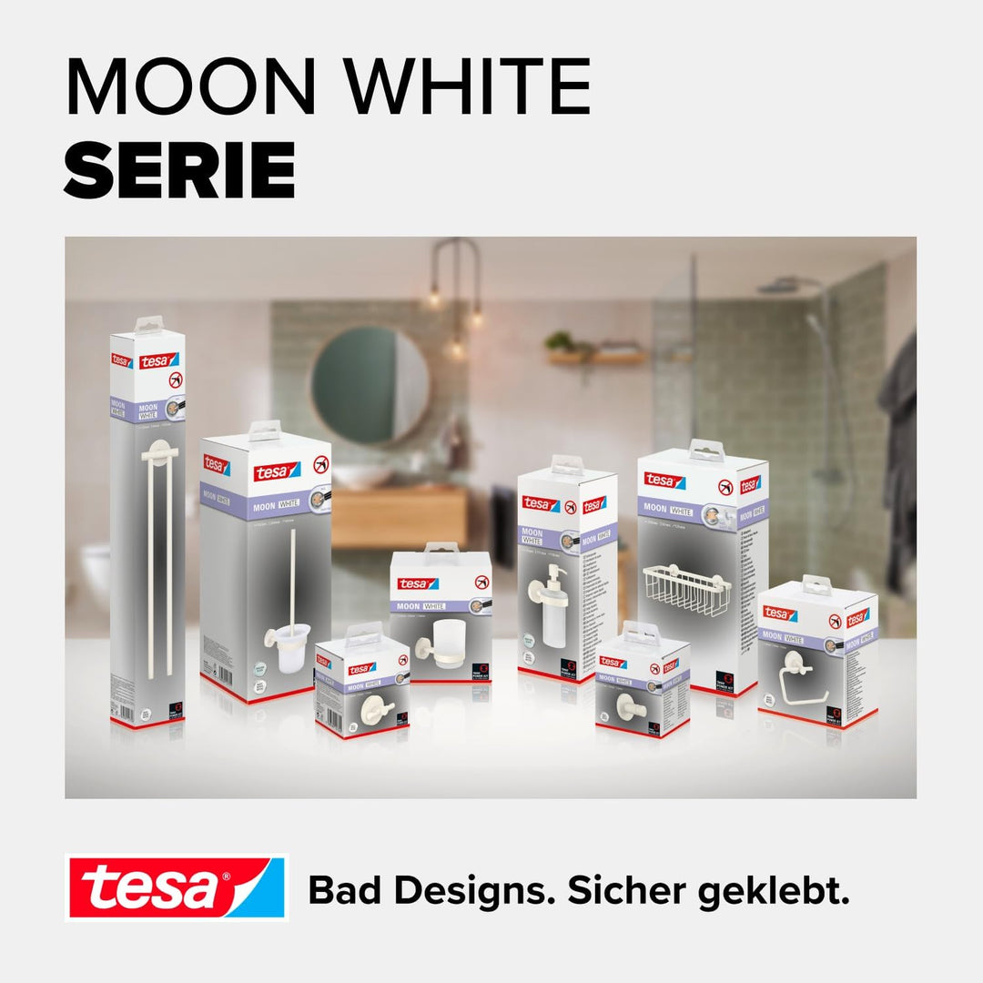 tesa MOON WHITE Duschablage zur Wandmontage ohne Bohren, weiss matt - einstöckig und extra tief - fü