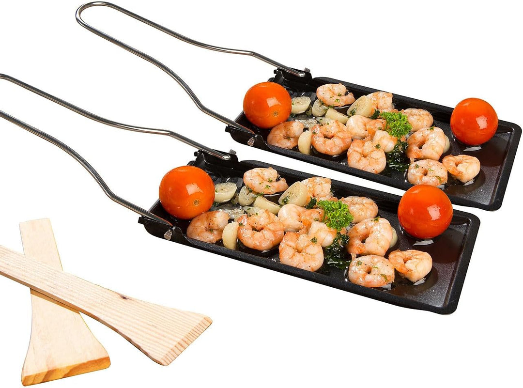Rosenstein & Söhne Raclette Pfännchen: 6er-Set Grill-Pfännchen mit klappbarem Griff, spülmaschinenfe