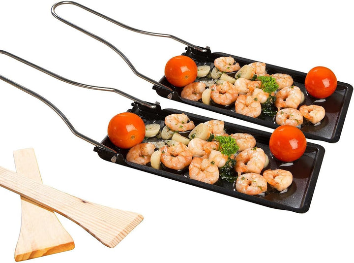 Rosenstein & Söhne Raclette Pfännchen: 6er-Set Grill-Pfännchen mit klappbarem Griff, spülmaschinenfe