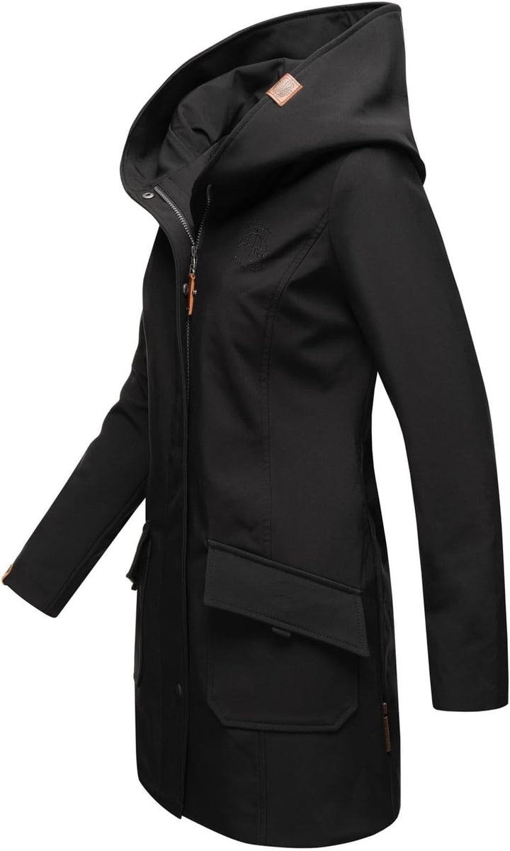 MARIKOO Damen Softshell Jacke Winterjacke wasserabweisend Outdoor lang B856 XS Schwarz, XS Schwarz
