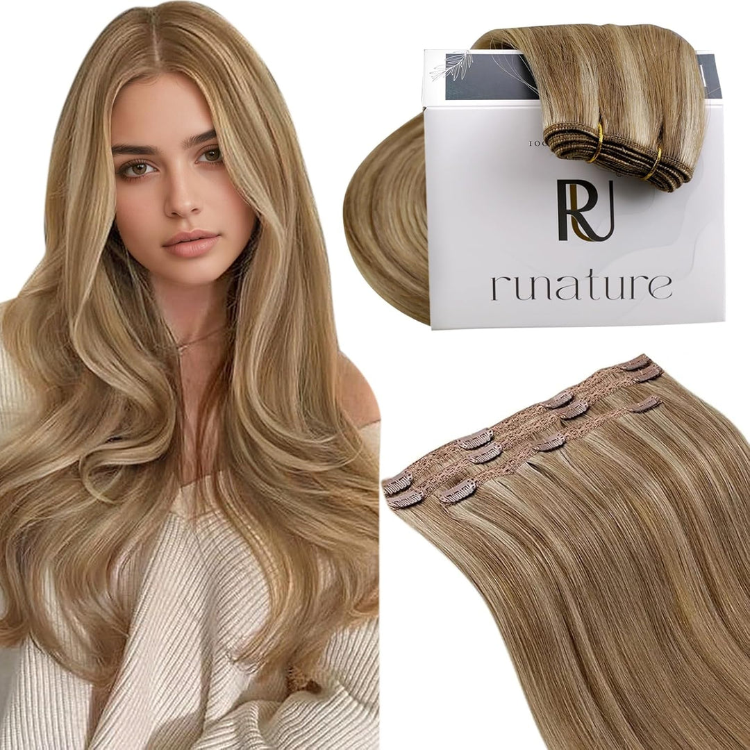 RUNATURE Clip on Extensions Echthaar Blond mit Goldblond Clip in Haarverlangerung Echthaar Remy Haar