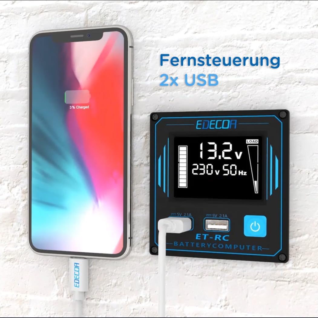 EDECOA Wechselrichter 12v 230v Reiner Sinus Spannungswandler 1000w mit Neuer Fernbedienung 2X USB un