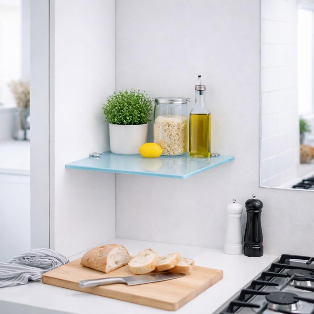 Euro Tische Glas Eckregal 35 x 35 cm, Wandregal für Badezimmer, Duschregal Bad, Glas Badregal mit 6m