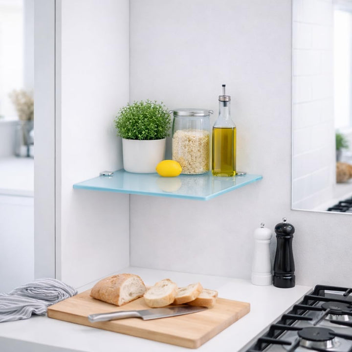 Euro Tische Glas Eckregal 35 x 35 cm, Wandregal für Badezimmer, Duschregal Bad, Glas Badregal mit 6m