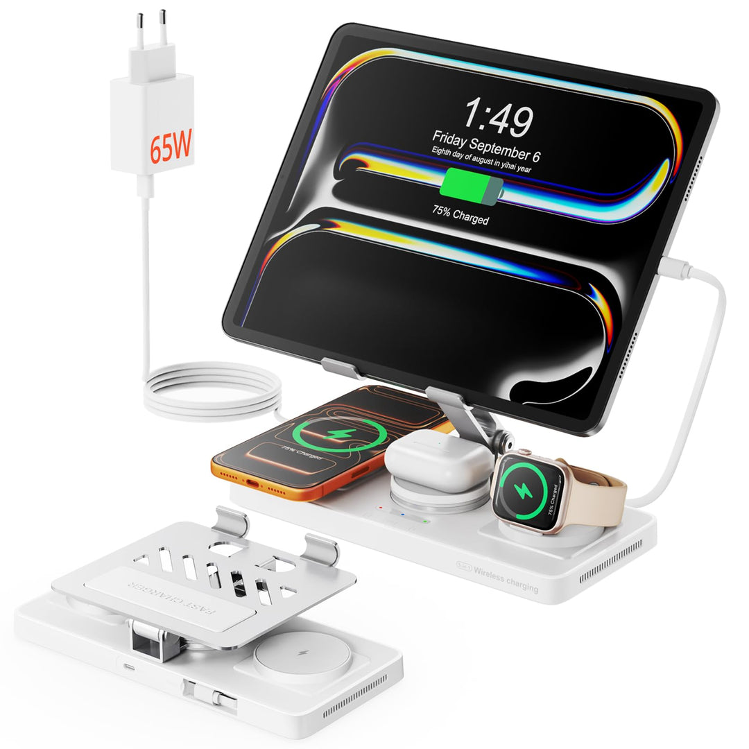 GEEKERA 4-in-1 Ladestation für Apple, Eingebautes einziehbares Ladekabel für iPad, Magnetisch Indukt