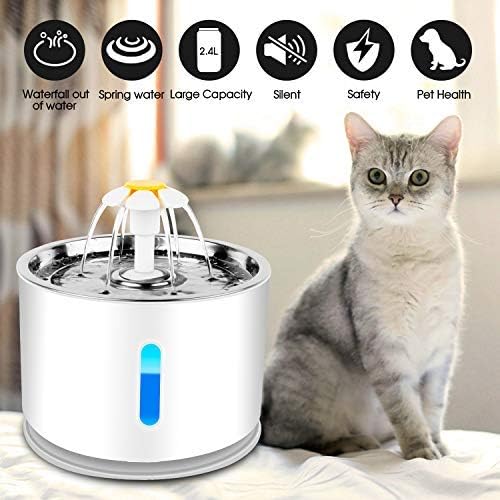 Katzen Trinkbrunnen,Haustierbrunnen mit Aktivkohlefilter Wasserstandsfenster, Leuchtende LED,2,4L Gr