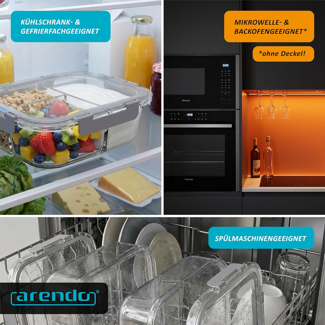 Arendo - Lunchboxen Glas - 2 Fächer - Frischhaltedosen für Lebensmittel mit Deckel luftdicht - 2er S