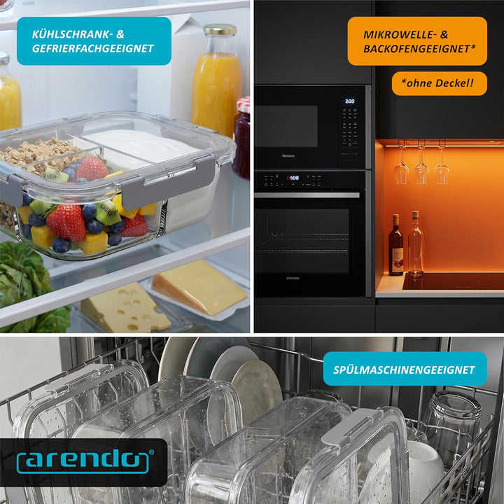 Arendo - Lunchboxen Glas - 2 Fächer - Frischhaltedosen für Lebensmittel mit Deckel luftdicht - 2er S