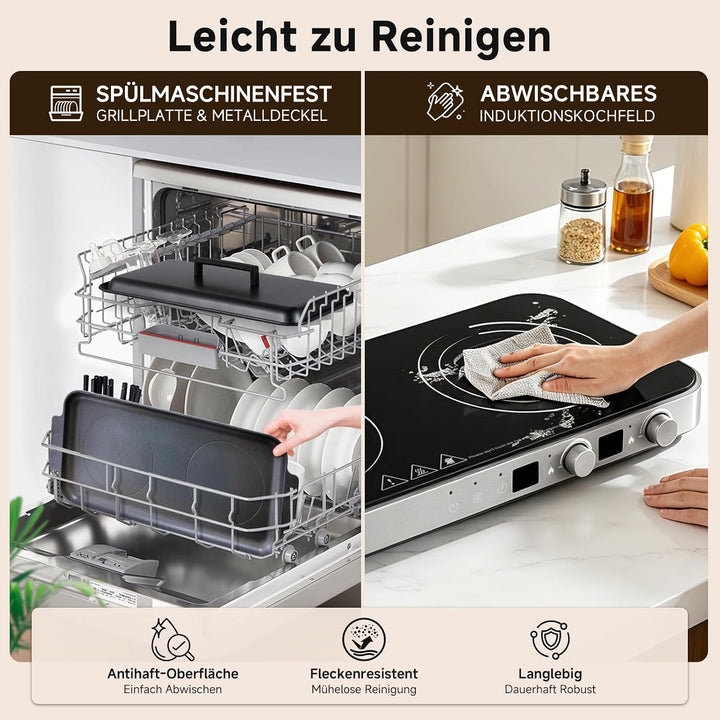 AMZCHEF 3000W Induktionskochfeld 2 Platten, Tragbares Doppelinduktionskochplatte mit Abnehmbarer Gri