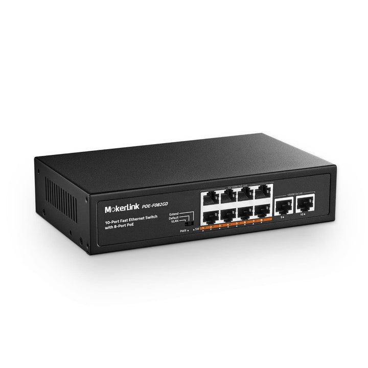 MokerLink 10 Port PoE Switch, 8 PoE+ 100Mbps, 2 Gigabit Uplink, 96W 802.3af/at, Lüfterloses Plug & P