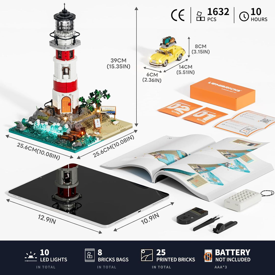Sunrise Leuchtturm Bauset – 1632 Teile Küsten-Leuchtturm mit 360° Chasing-Licht, Vintage Beetle Auto