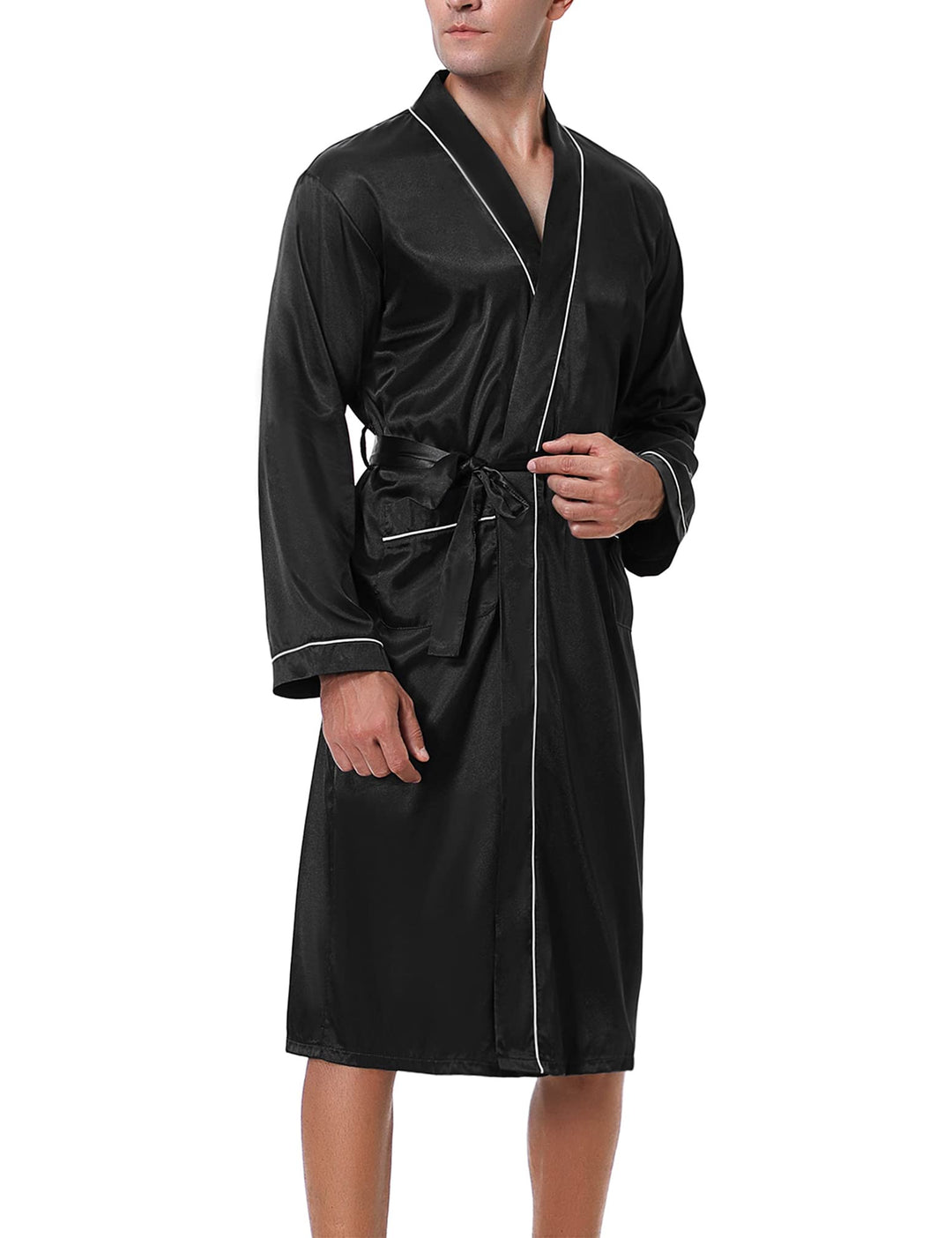 Bresdk Morgenmantel Herren Satin Kimono Robe Lang Leichter Bademantel für Männer M Schwarz M885, M S