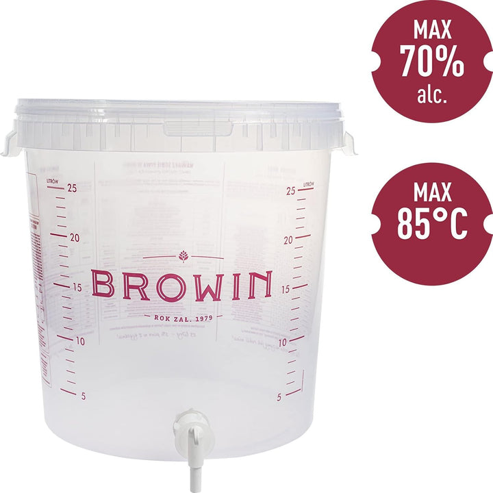 Browin 340439 Durchsichtiger Gärbehälter, 30 L, mit rotierendem Abflusshahn und Deckel - Skala, zur