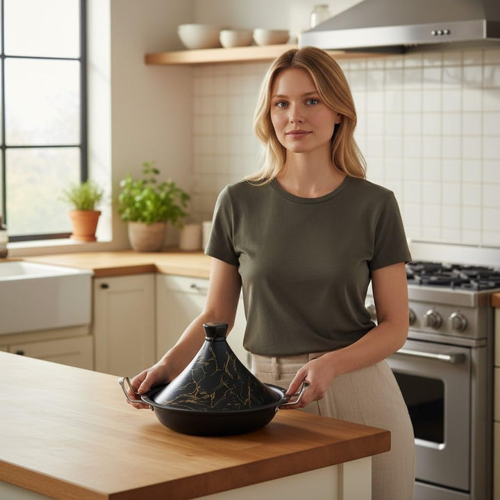 Royal Swiss Tajine 38 cm – Edelstahl mit Keramikdeckel & Dampfventil | Für Induktion, Gas, Ofen & Mi