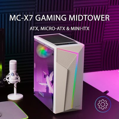 MarsGaming MC-X7 Weiss, PC Gaming ATX Gehäuse, ARGB Front, 12cm RGB Lüfter, Volles Seitenfenster MCX