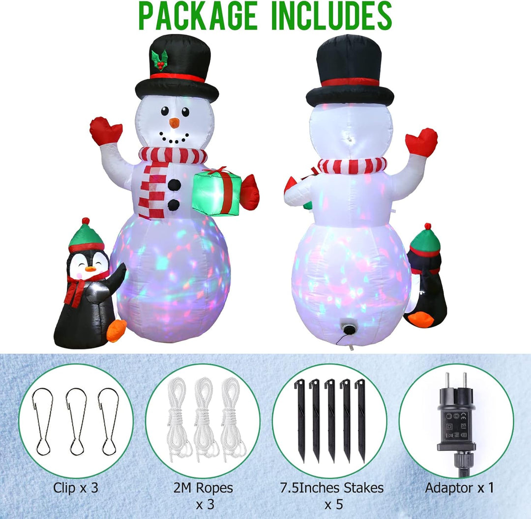 Quntis 2,4m Aufblasbare Weihnachtsdeko Schneemann mit 3 bunten drehbaren LEDs und Gebläse, IP44 LED