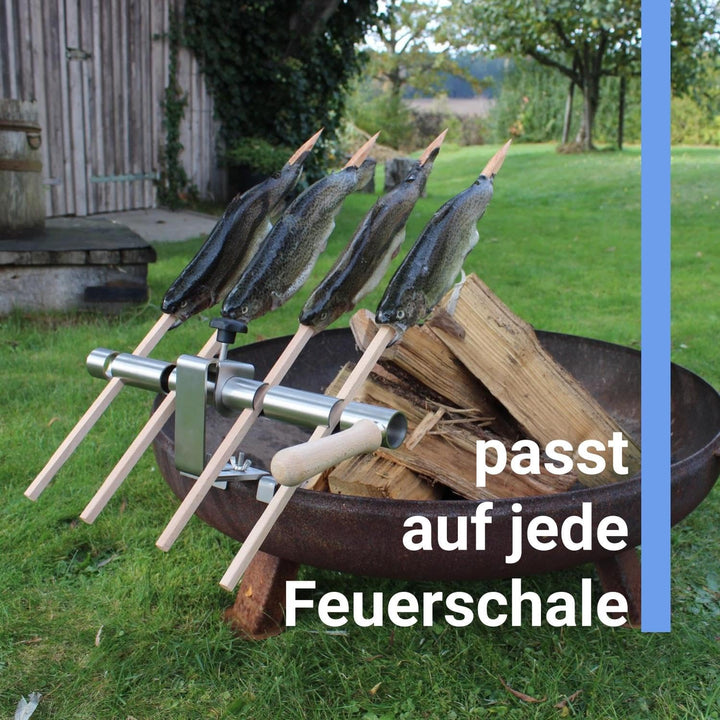Premium Steckerlfisch Halter für Feuerschale - Platz für 4 Fische - Fisch Grill Aufsatz passt auf Je