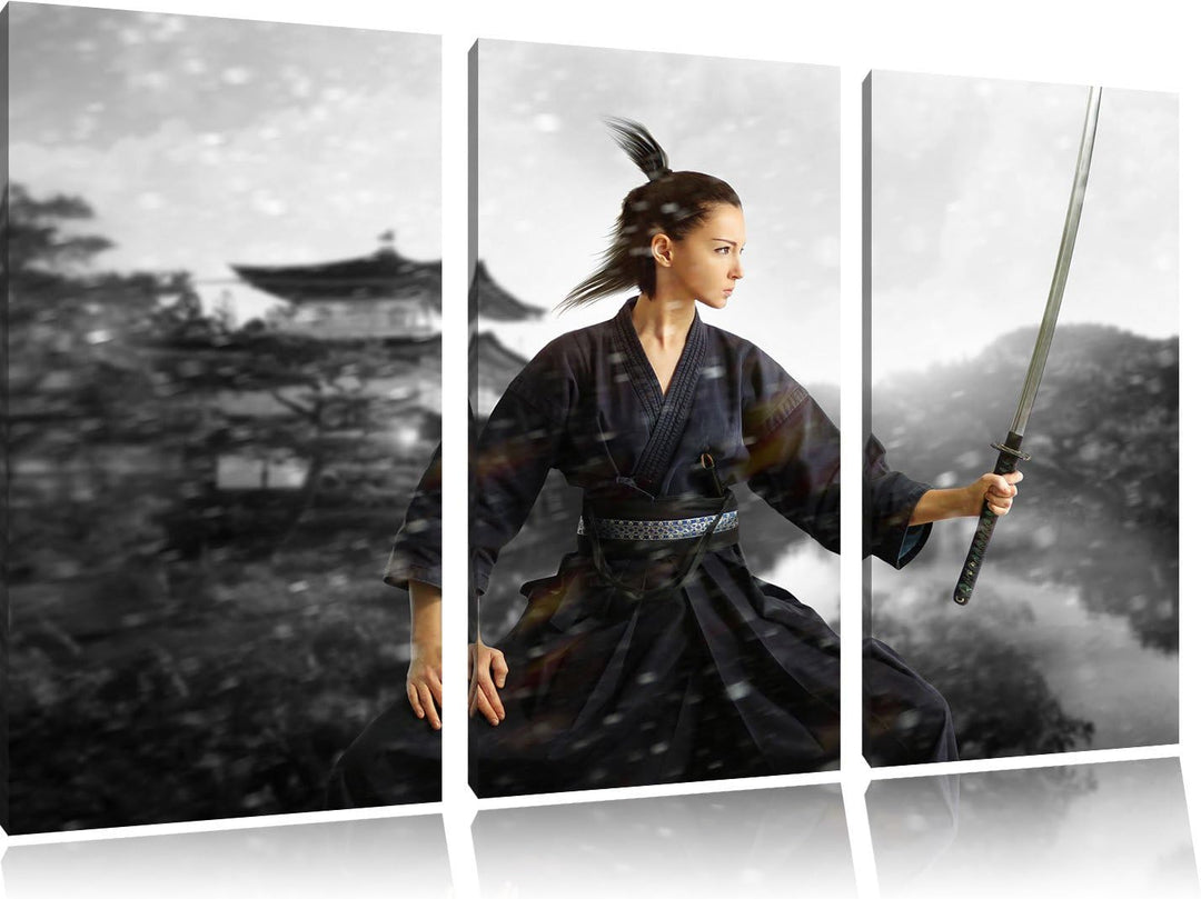 Pixxprint Samurai-Kriegerin im Schneesturm B&W Detail 3-Teiler Leinwandbild 120x80 Bild auf Leinwand