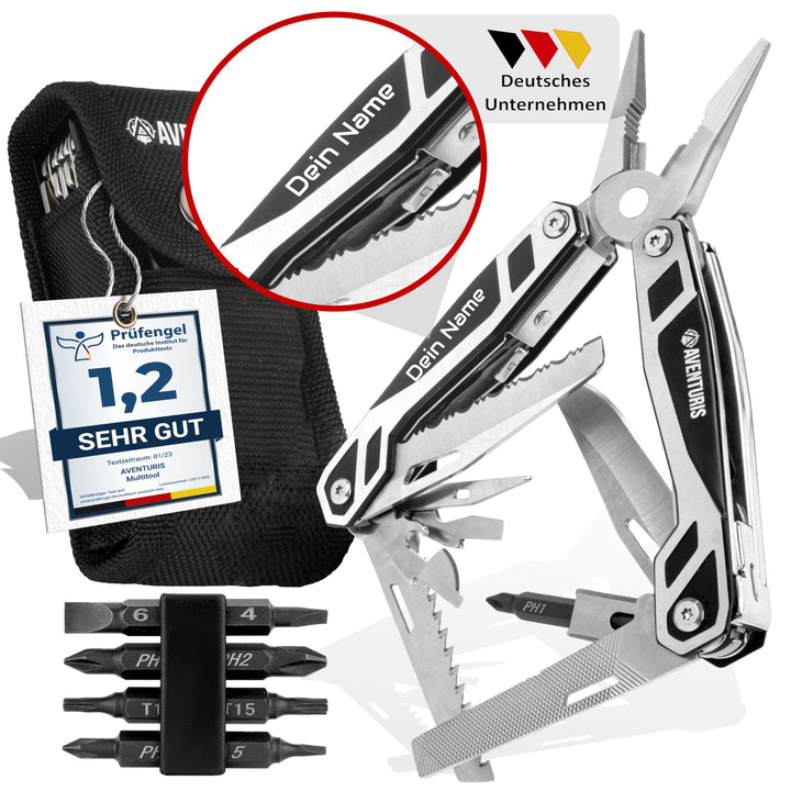 AVENTURIS® Multitool-Werkzeug -PERSONALISIERBAR- 21 Funktionen [Edelstahl] Ein Multifunktionswerkzeu