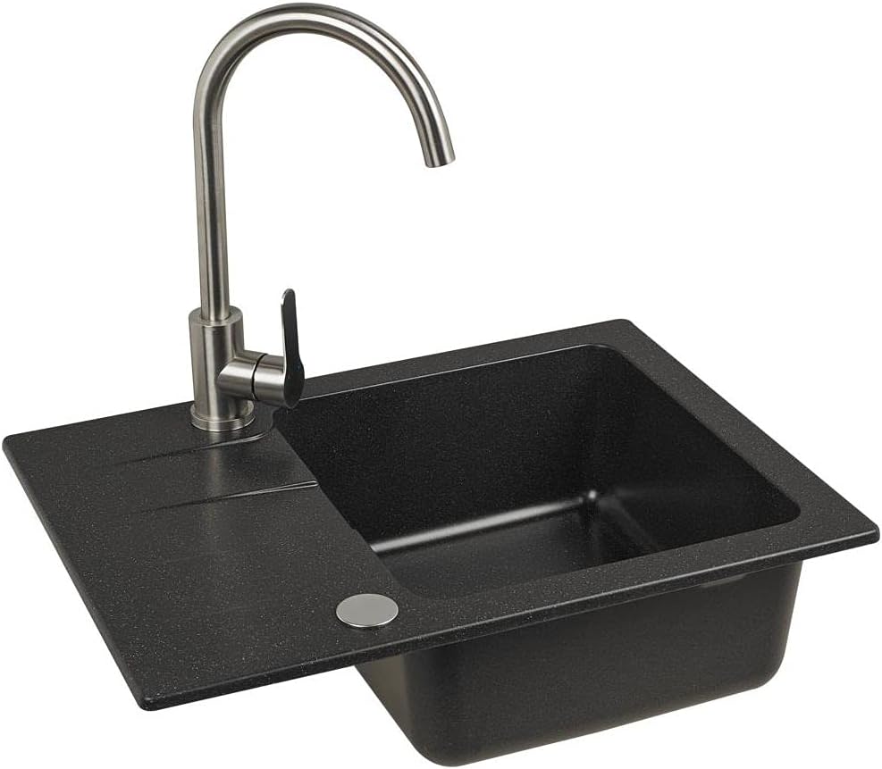 VBChome Spülbecken mit Armatur 60 x 44 cm Einzelbecken Schwarz Granit Rechteckig Reversibel Einbausp