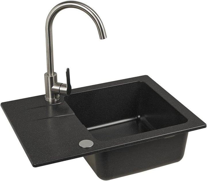 VBChome Spülbecken mit Armatur 60 x 44 cm Einzelbecken Schwarz Granit Rechteckig Reversibel Einbausp
