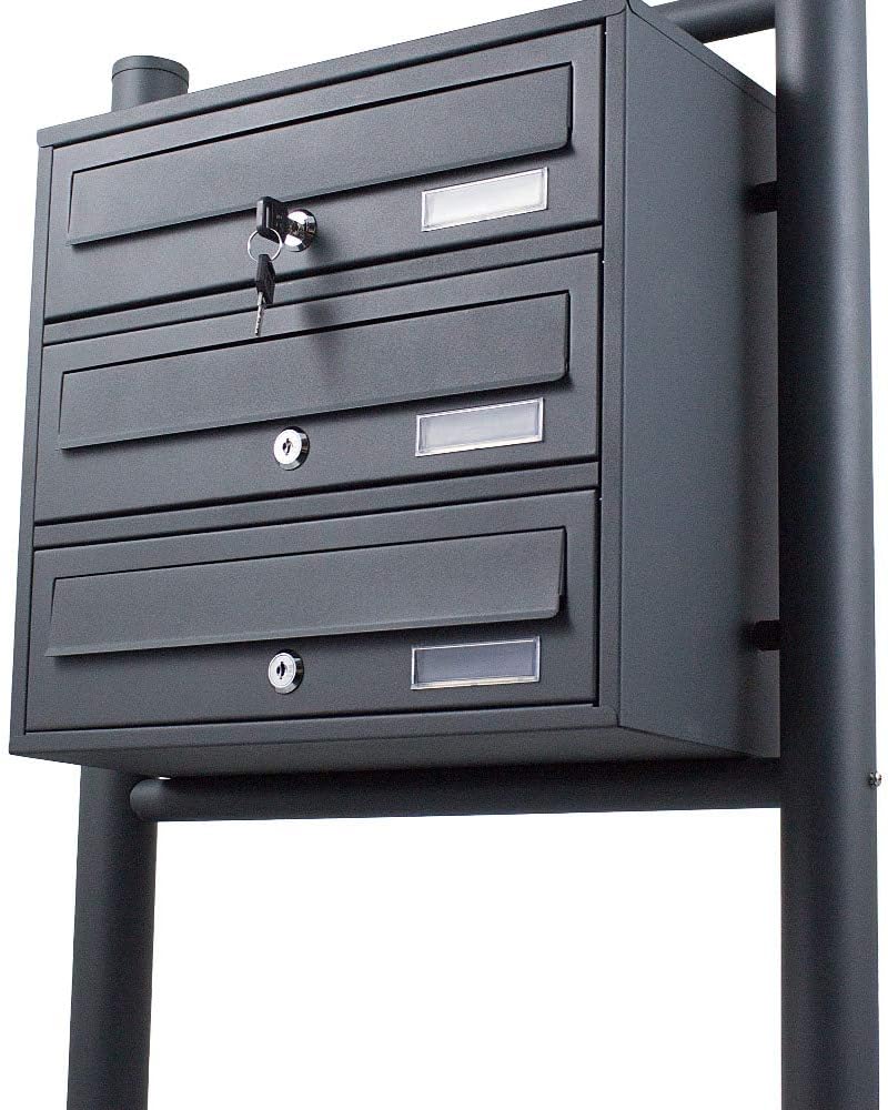 BITUXX® Stand-Briefkastenanlage Postkasten Letterbox Mailbox Doppelt u. Einzel Dunkelgrau (3 Fächer)