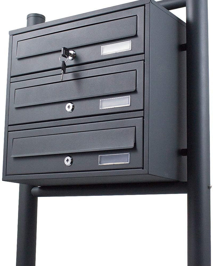 BITUXX® Stand-Briefkastenanlage Postkasten Letterbox Mailbox Doppelt u. Einzel Dunkelgrau (3 Fächer)