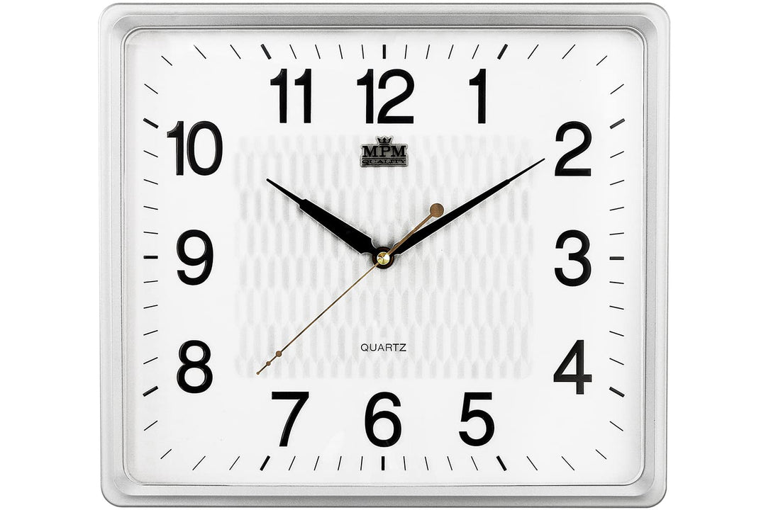 MPM Quality Quadratische Kunststoff-Wanduhr Weiss/Silber, Wanddekoration, Quarz-Uhrwerk, Reibungslos