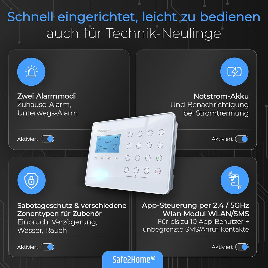 Safe2Home® 4G Funk Alarmanlage Basis Set SP210 mit Sabotageschutz u Lichtsteuerung – deutsch - LTE W