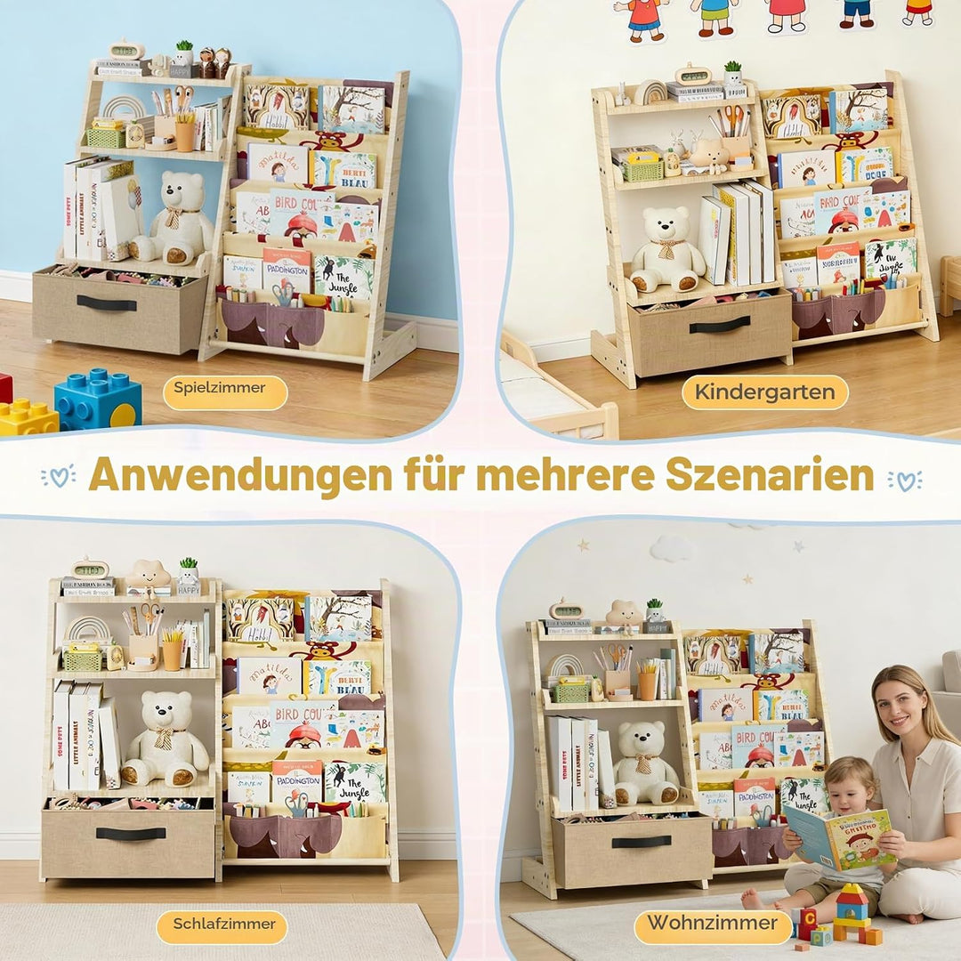 Kinderregal mit Spielzeugorganizer 2-in-1 – Bücherregal aus Holz &amp; Stoff mit 4 Fächern, Schublade &amp;