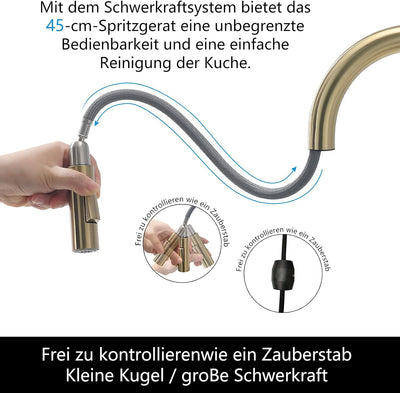 TIMACO Gebürstetes Gold Küchenarmatur mit Ausziehbare Brause Wasserhahn Küche 360° Schwenkbar Mischb