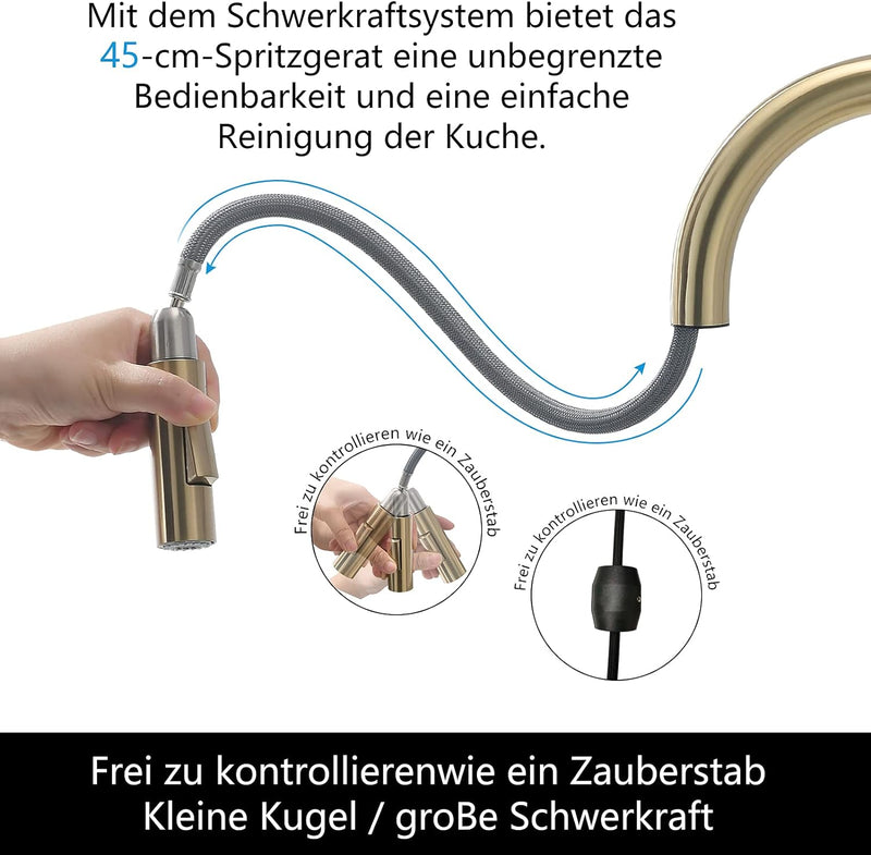 TIMACO Gebürstetes Gold Küchenarmatur mit Ausziehbare Brause Wasserhahn Küche 360° Schwenkbar Mischb