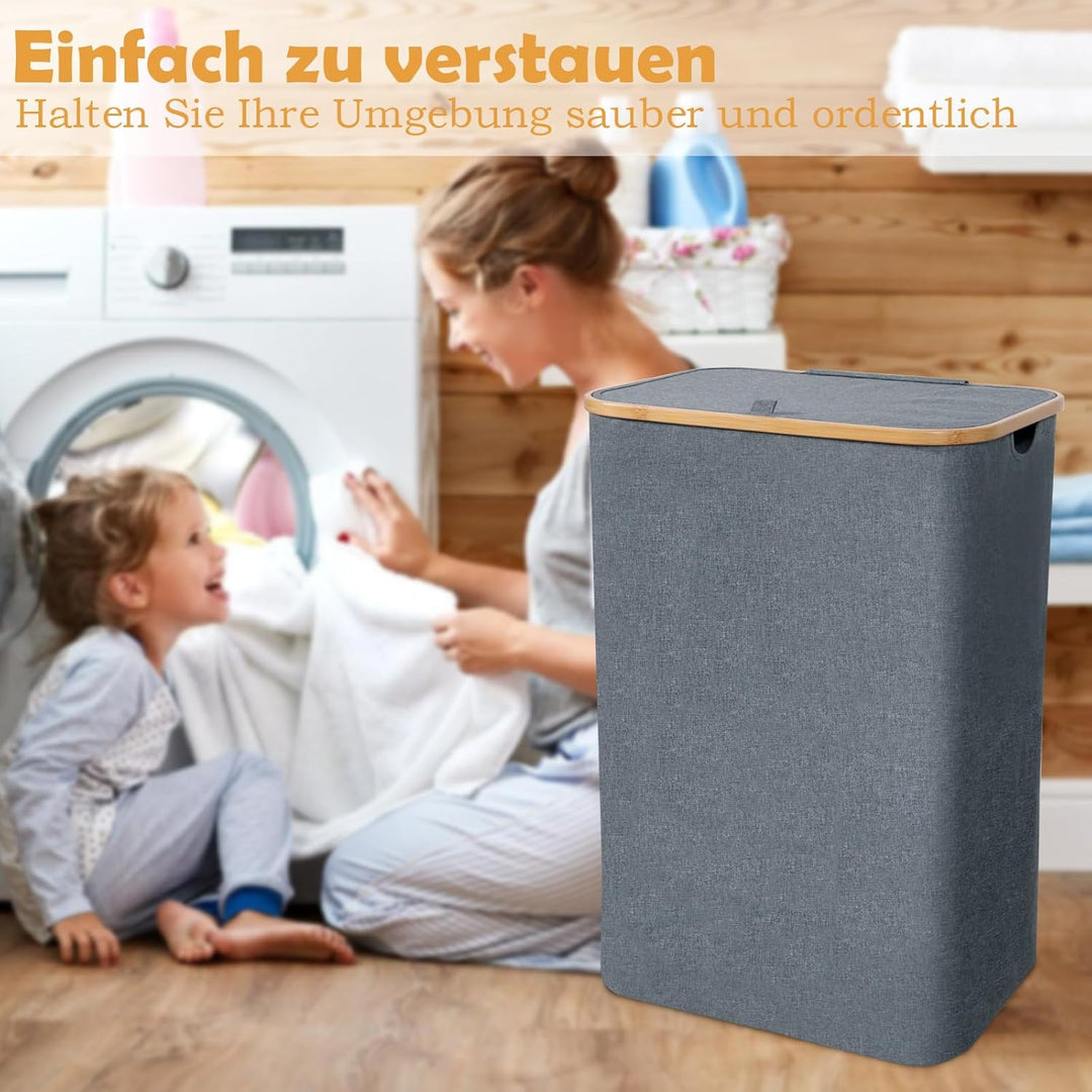 CALIYO WäSchekorb Mit Deckel 100 Liter, Wäschesammler Schmal mit Henkel und Abnehmbarem Beutel, Wäsc