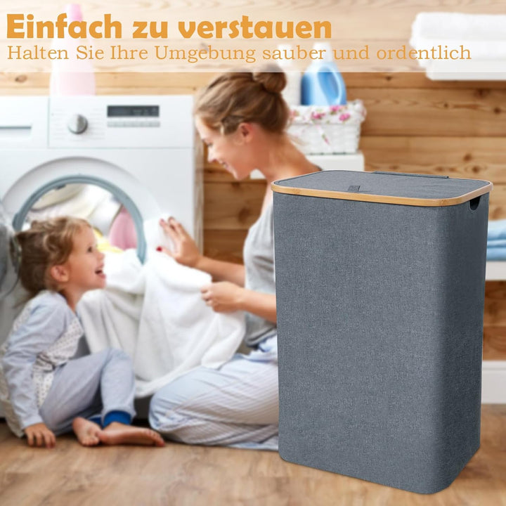 CALIYO WäSchekorb Mit Deckel 100 Liter, Wäschesammler Schmal mit Henkel und Abnehmbarem Beutel, Wäsc