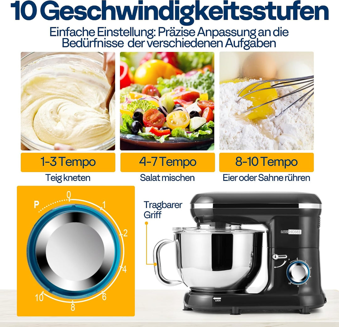 VIVOHOME Küchenmaschine 5,7L Knetmaschine 1500W Küchenmaschinen mit 10 Geschwindigkeiten Pulsfunktio