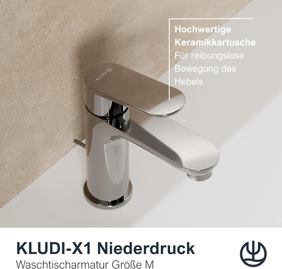 KLUDI-X1 Niederdruck Waschtischarmatur, Auslaufhöhe 95 mm, wassersparender Wasserhahn Bad Grösse M,