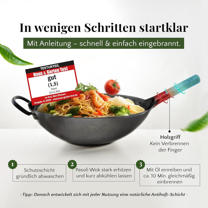 pasoli handgehämmerter Wok inkl. gratis Rezepte eBook - traditionelle Asiapfanne - Bratwok aus Carbo