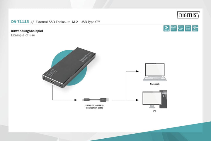 DIGITUS - DA-71115 - Festplattengehäuse SSD - M.2 - USB 3.1 Typ-C - SATA III - schwarz, M.2 - USB 3.