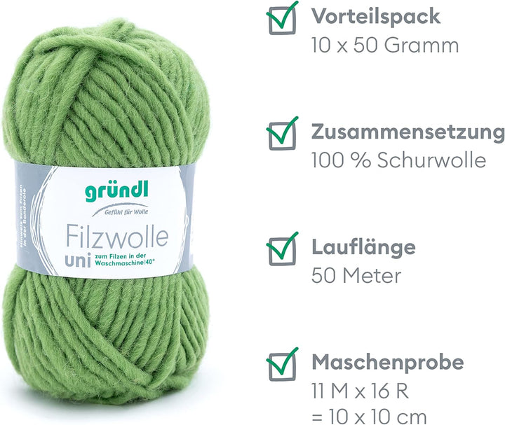 Gründl Filzwolle uni (Wolle zum Filzen, Stricken und Häkeln, Garn aus 100 % Schurwolle, 50 g / 50 m,