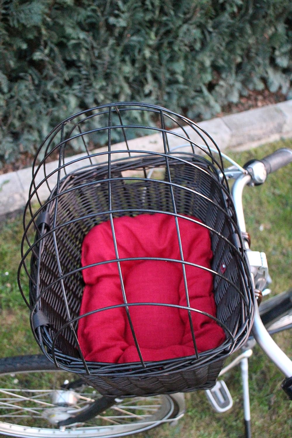 Hundefahrradkorb für Fahrradlenker aus Weide mit Metallgitter und Kissen in Schwarz Lenkrad Weidenko