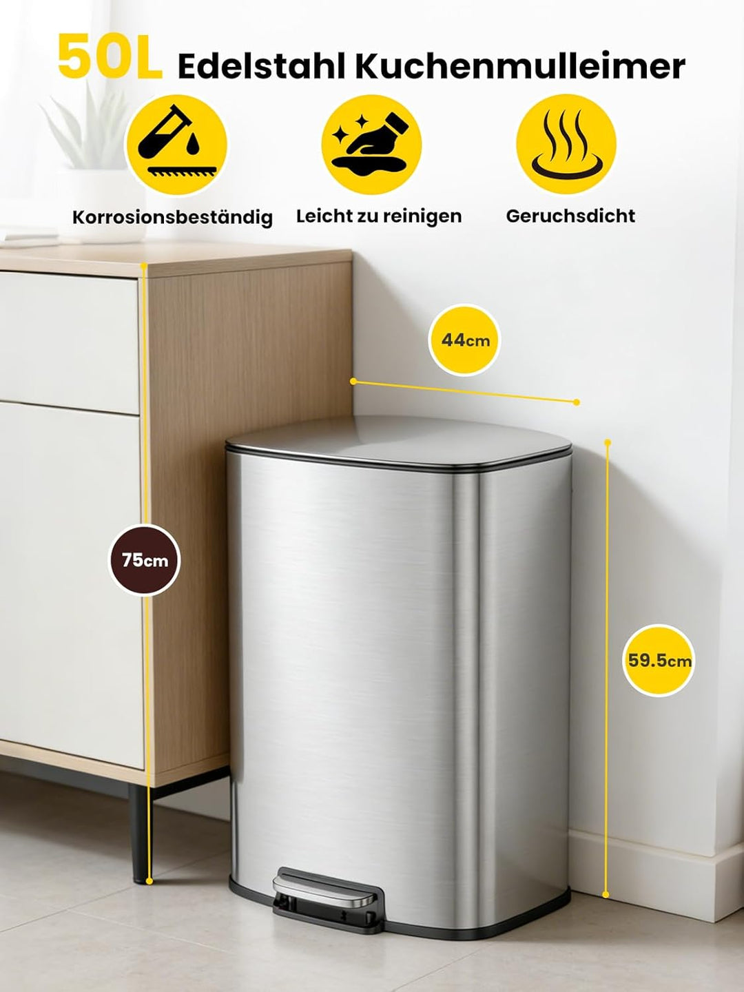 YEAUPE PRO Mülleimer Küche 50L Edelstahl, Treteimer mit Deckel Soft Close, Abfalleimer mit Herausneh