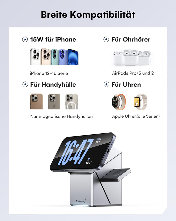 ZEEHOO 3 in 1 Ladestation for Apple Magsafe Ladegerät, CubeTrick-X Qi2 15W Wireless Charger für iPho