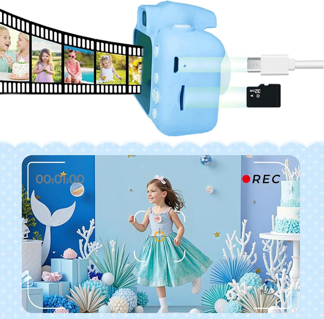 1080P HD Kinderkamera Digitalkamera für Jungen Mädchen, 2" Bildschirm, Wiederaufladbar mit 32GB SD K