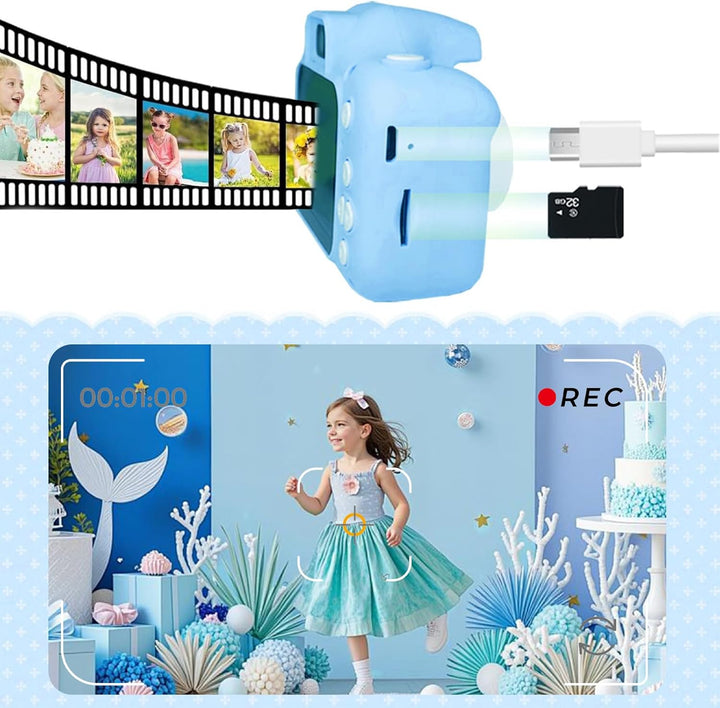 1080P HD Kinderkamera Digitalkamera für Jungen Mädchen, 2" Bildschirm, Wiederaufladbar mit 32GB SD K