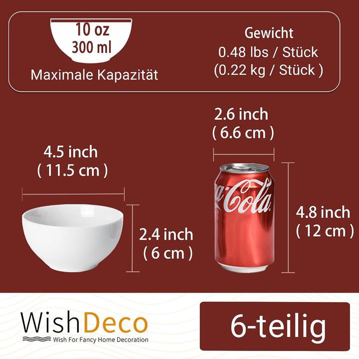WishDeco Reisschalen 6er-Set, 300 ml Porzellan Schalen, Weisse Schalen für Suppe, Reis &amp; Dessert, Sp