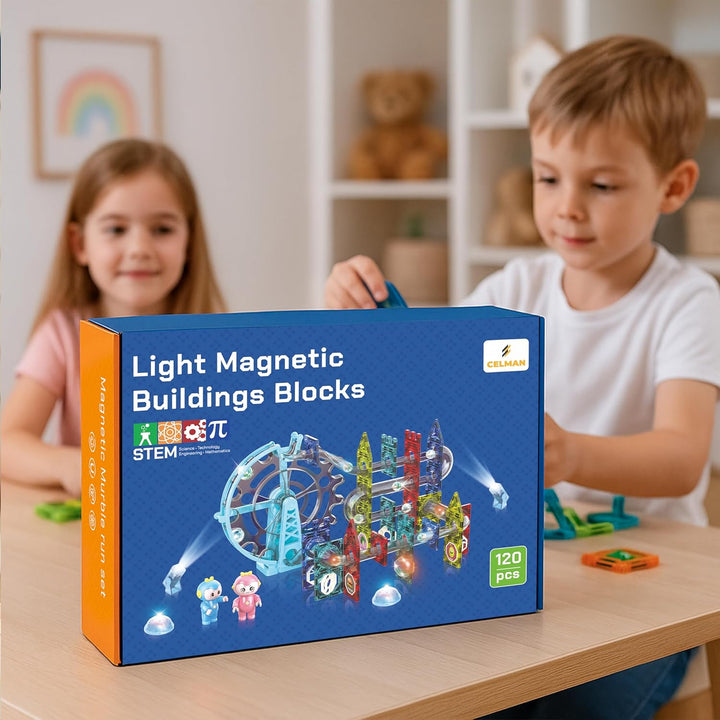 CELMAN Magnetische Bausteine 120 Teile Magnete Bauklötze Murmelbahn mit Zubehör, Montessori Spielzeu