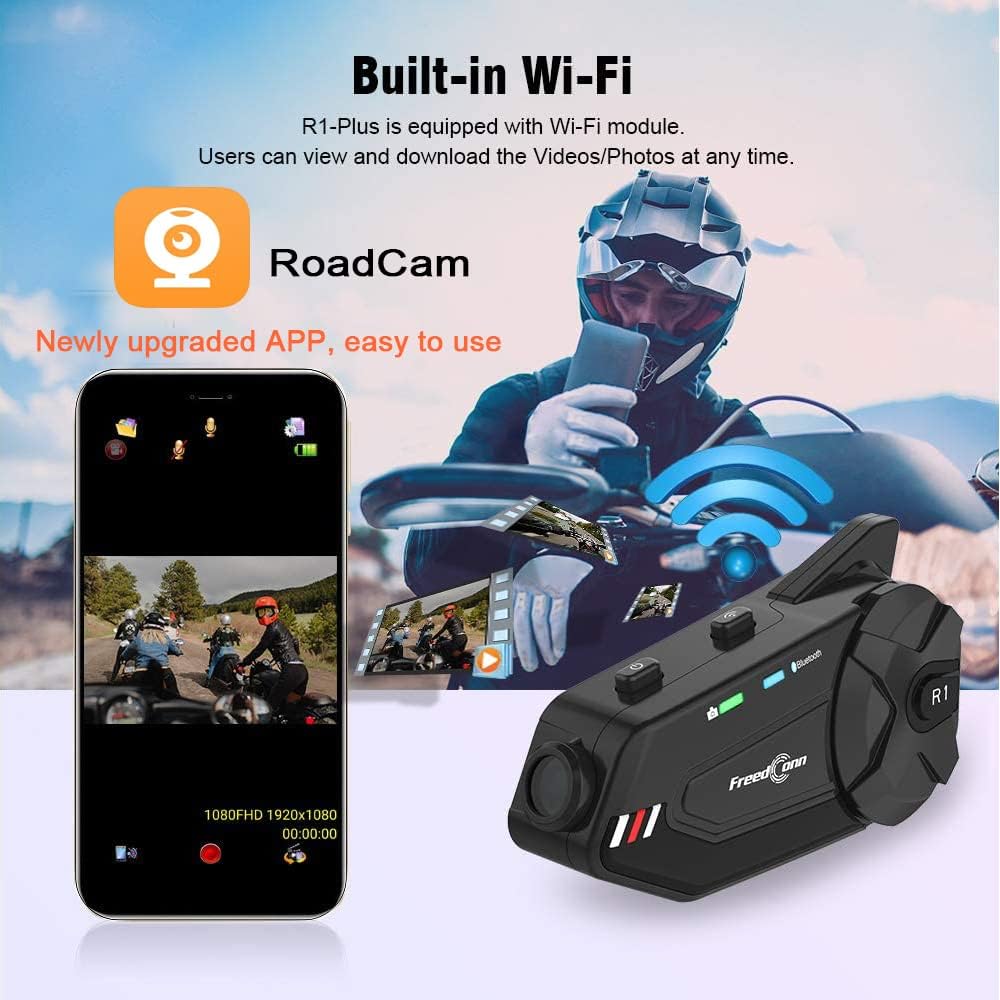 Motorrad-Bluetooth-Headset mit Kamera, R1plus Helmsprechanlage, 6-Wege, 1000 m, wasserdicht, drahtlo