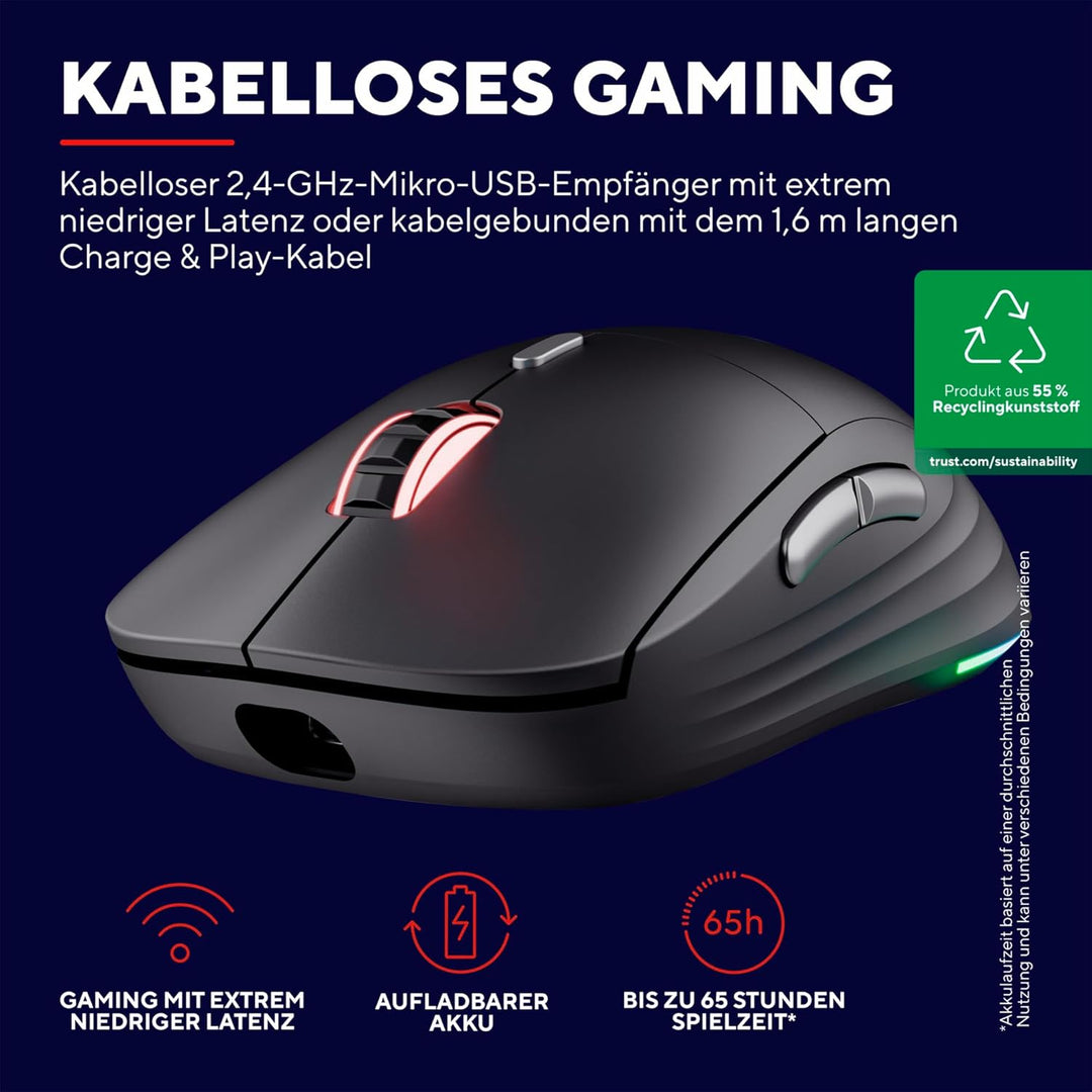 Trust Gaming GXT 926 Redex II Gaming Maus Kabellos 2.4GHz 65 Stunden Akkulaufzeit, Kailh-Schalter, 1