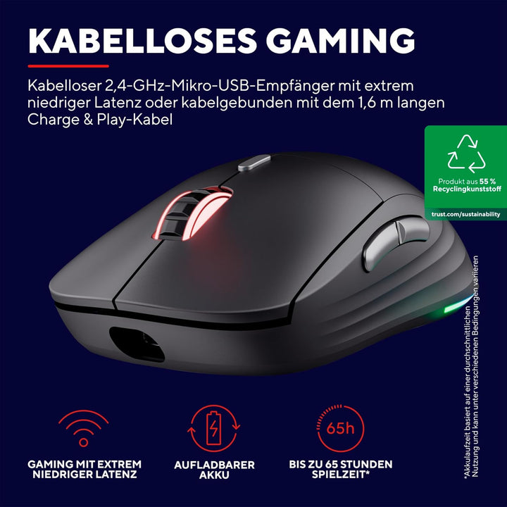 Trust Gaming GXT 926 Redex II Gaming Maus Kabellos 2.4GHz 65 Stunden Akkulaufzeit, Kailh-Schalter, 1