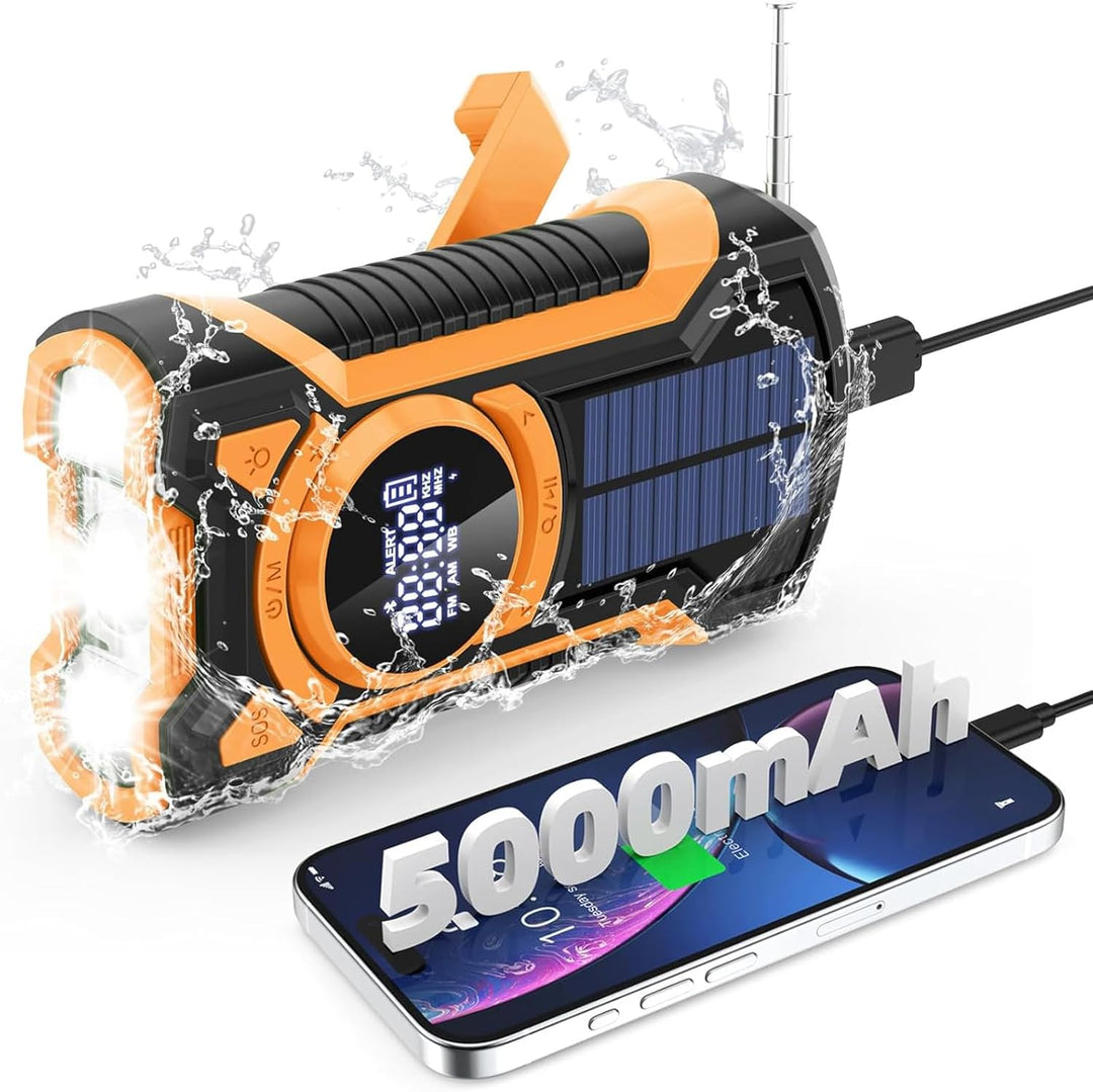 Notfall Radio mit Handkurbel, 5000mAh Batterie Kurbelradio mit Bluetooth-Lautsprecher, Solar Ladeger